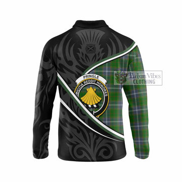 Pringle Tartan Family Crest Long Sleeve Polo Shirt Celtic Scottish Thistle Floral