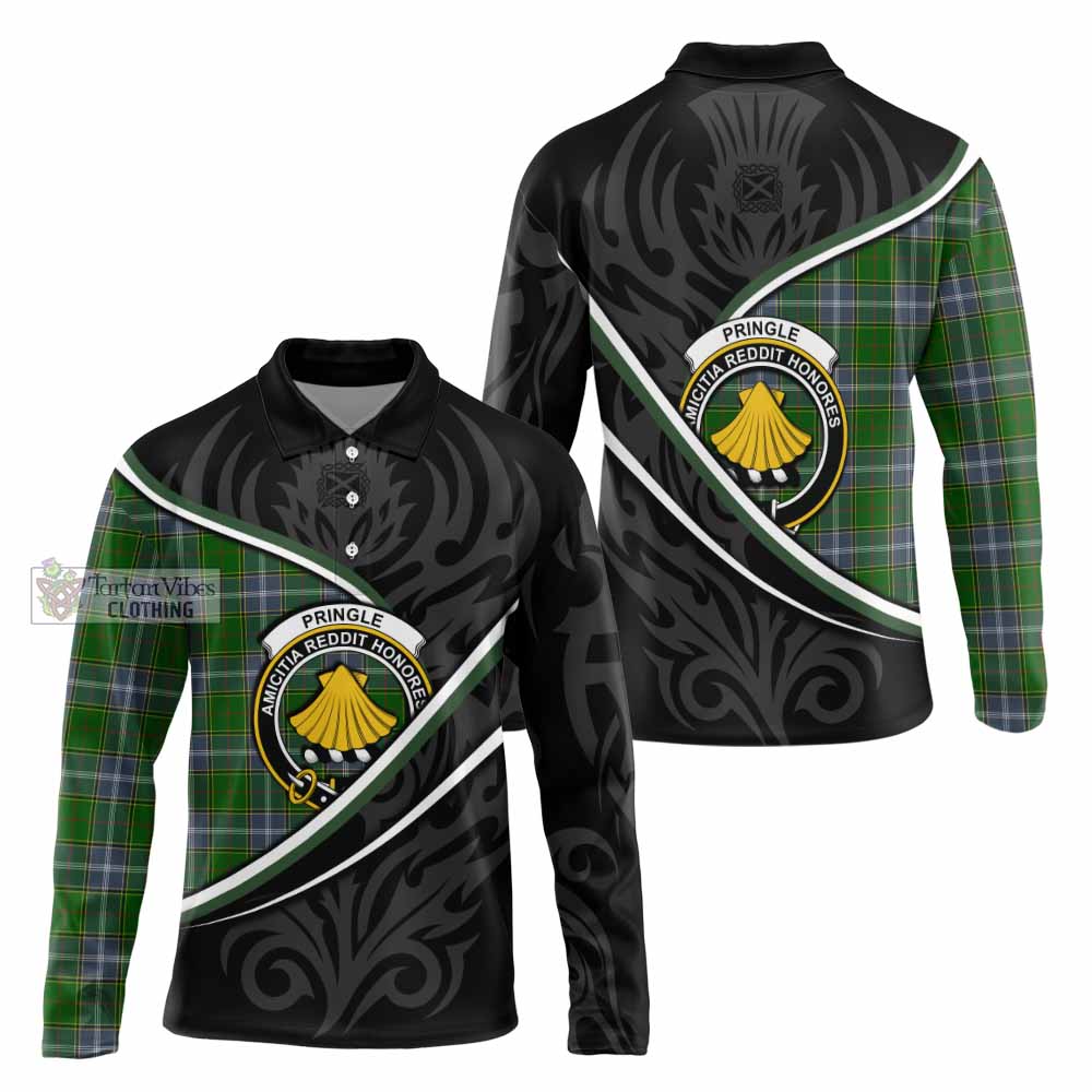 Pringle Tartan Family Crest Long Sleeve Polo Shirt Celtic Scottish Thistle Floral - Tartan Vibes Clothing