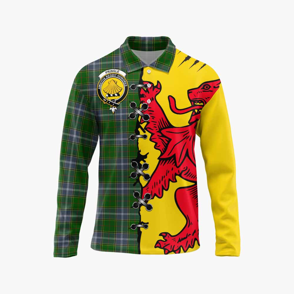 Pringle Tartan Family Crest Long Sleeve Polo Shirt Lion Rampant Honor - Tartan Vibes Clothing