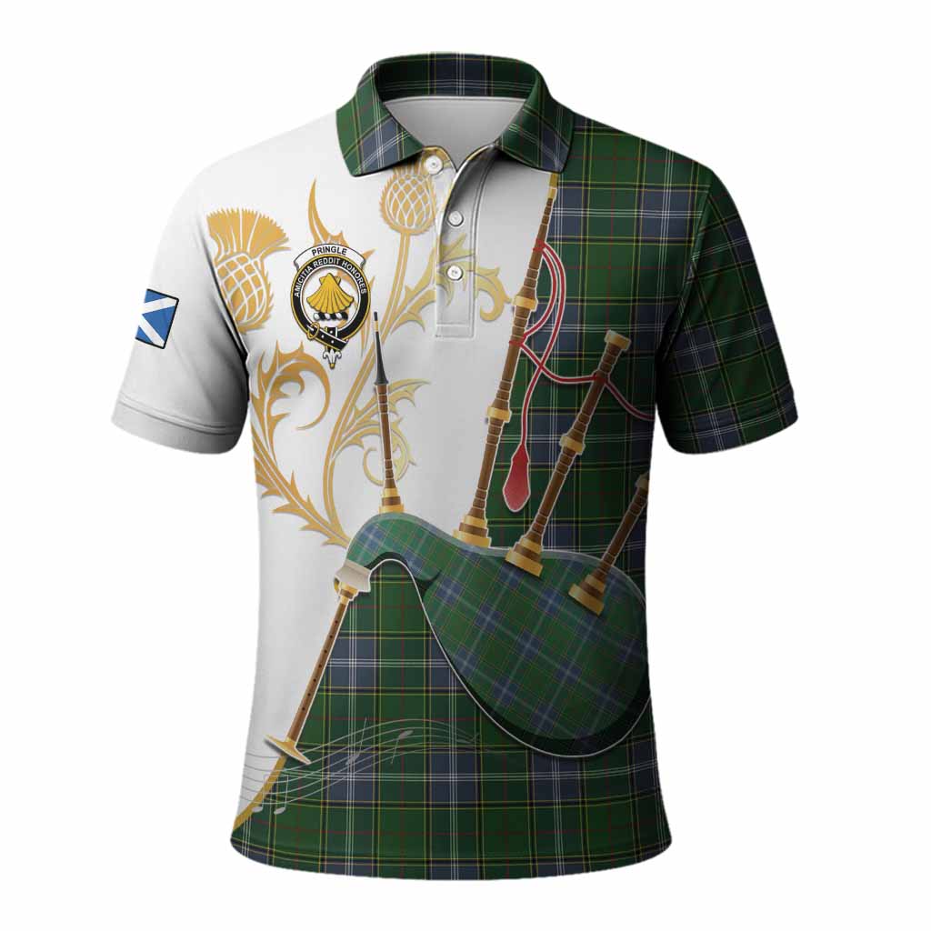 Pringle Tartan Family Crest Polo Shirt Bagpipes with Scottish Thistle