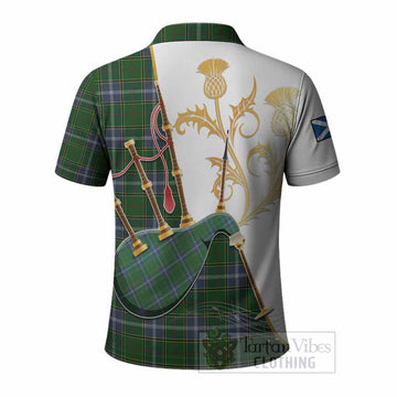 Pringle Tartan Family Crest Polo Shirt Bagpipes with Scottish Thistle