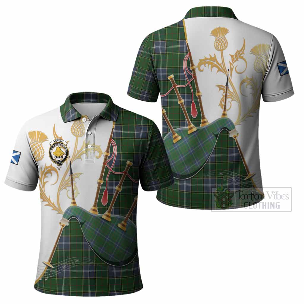 Pringle Tartan Family Crest Polo Shirt Bagpipes with Scottish Thistle