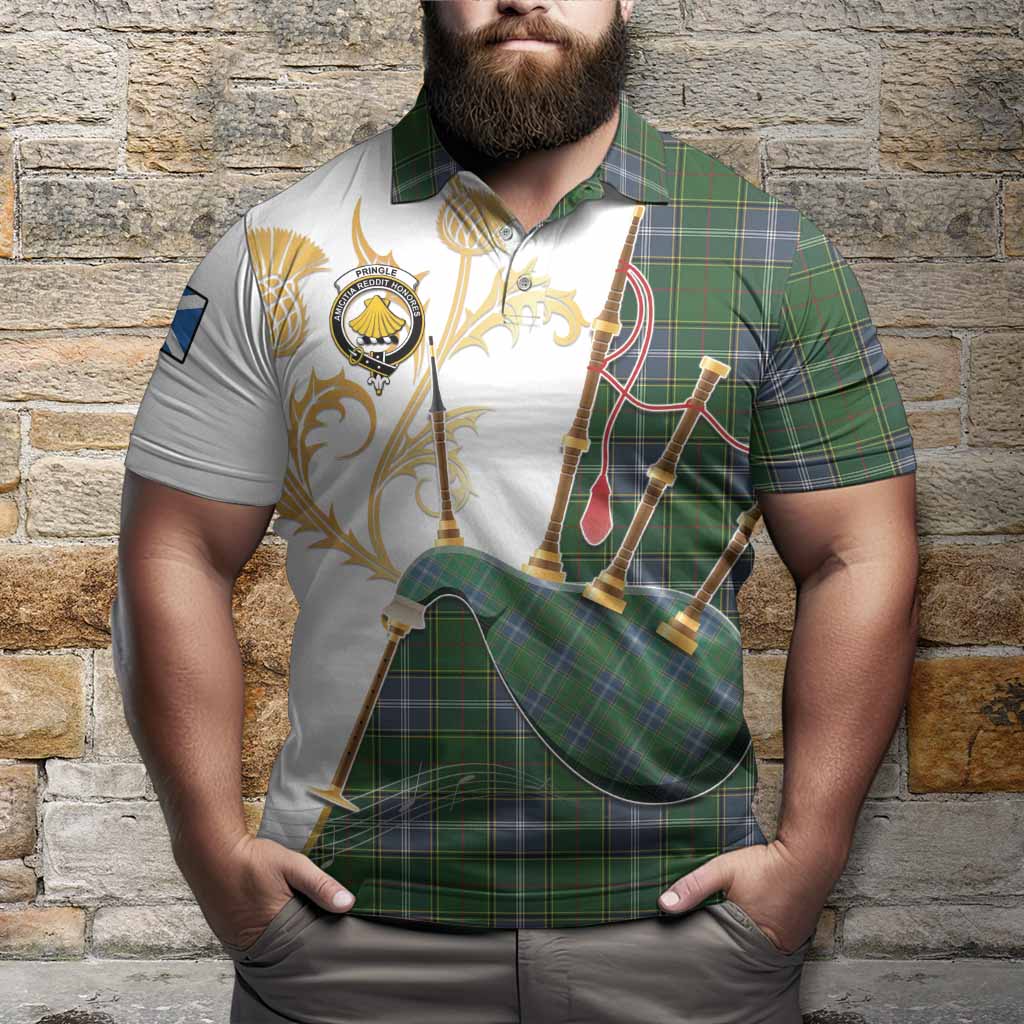 Pringle Tartan Family Crest Polo Shirt Bagpipes with Scottish Thistle