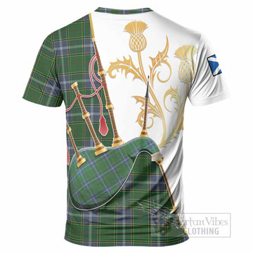 Pringle Tartan Family Crest T-Shirt Bagpipes with Scottish Thistle