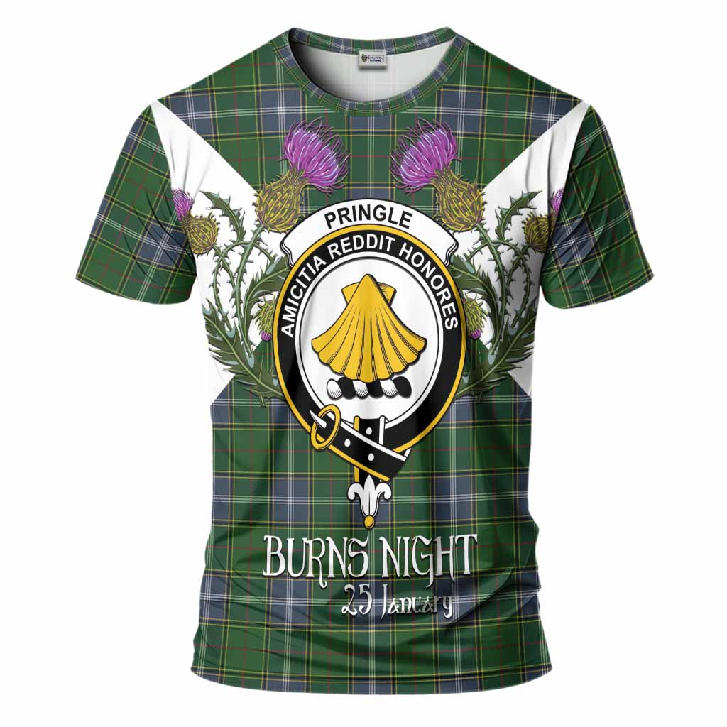 Pringle Tartan Family Crest T-Shirt Scottish Burns Night Thistle Floral