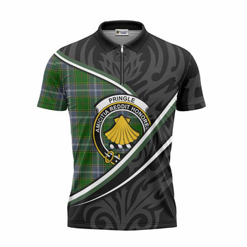 Pringle Tartan Family Crest Zipper Polo Shirt Celtic Scottish Thistle Floral