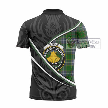 Pringle Tartan Family Crest Zipper Polo Shirt Celtic Scottish Thistle Floral