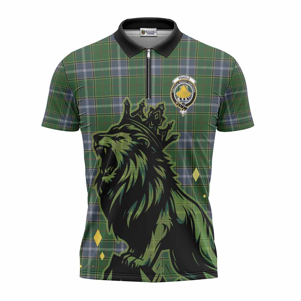 Pringle Tartan Family Crest Zipper Polo Shirt Crowned Lion Roaring
