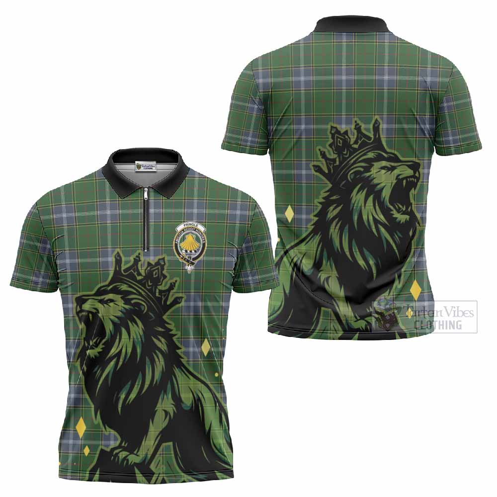 Pringle Tartan Family Crest Zipper Polo Shirt Crowned Lion Roaring