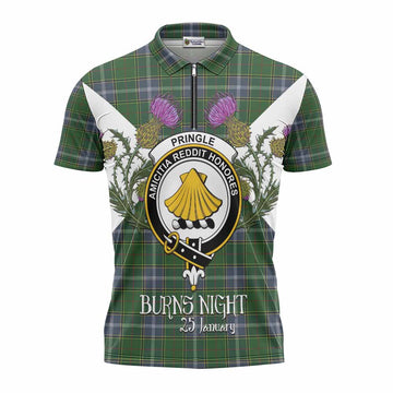 Pringle Tartan Family Crest Zipper Polo Shirt Scottish Burns Night Thistle Floral