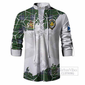 Pringle Tartan Ghillie Shirt with Family Crest and Lion Rampant Grunge Style