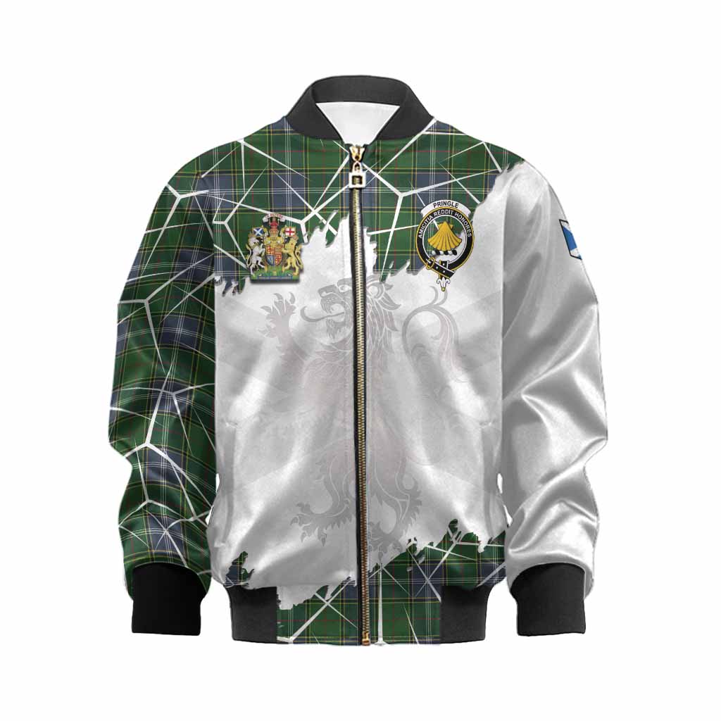 Pringle Tartan Kid Bomber Jacket with Family Crest and Lion Rampant Grunge Style