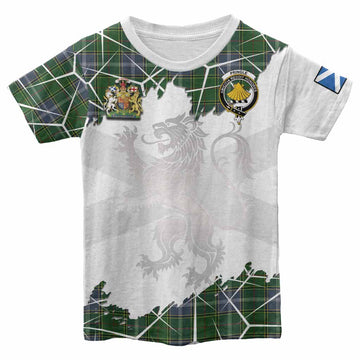 Pringle Tartan Kid T-shirt with Family Crest and Lion Rampant Grunge Style