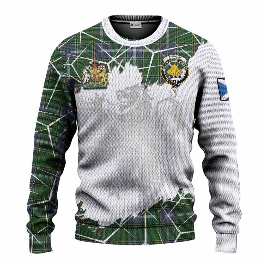 Pringle Tartan Knitted Sweater with Family Crest and Lion Rampant Grunge Style
