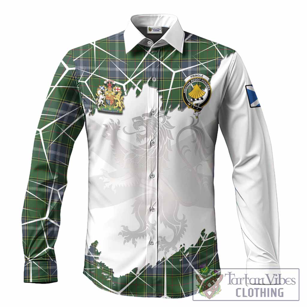Pringle Tartan Long Sleeve Button Shirts with Family Crest and Lion Rampant Grunge Style