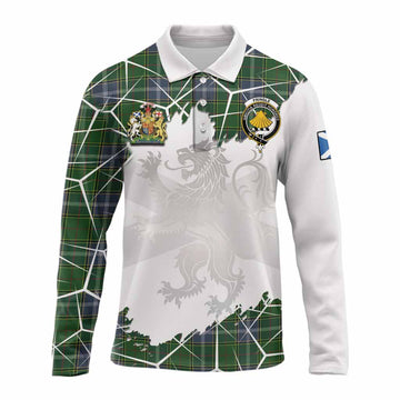 Pringle Tartan Long Sleeve Polo Shirt with Family Crest and Lion Rampant Grunge Style