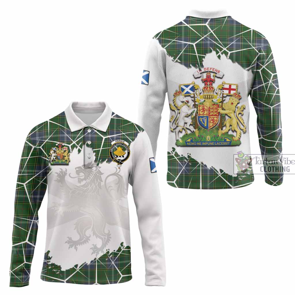 Pringle Tartan Long Sleeve Polo Shirt with Family Crest and Lion Rampant Grunge Style