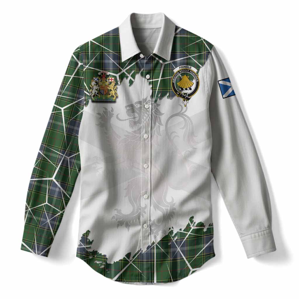 Pringle Tartan Women Casual Shirt with Family Crest and Lion Rampant Grunge Style