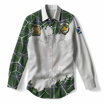 Pringle Tartan Women Casual Shirt with Family Crest and Lion Rampant Grunge Style