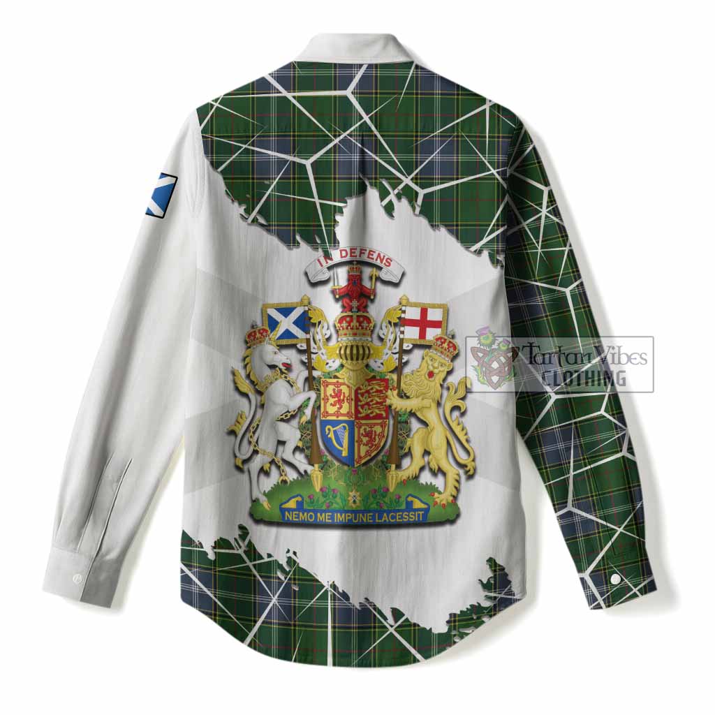 Pringle Tartan Women Casual Shirt with Family Crest and Lion Rampant Grunge Style
