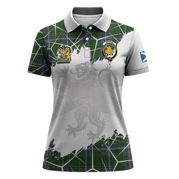 Pringle Tartan Women Polo Shirt with Family Crest and Lion Rampant Grunge Style