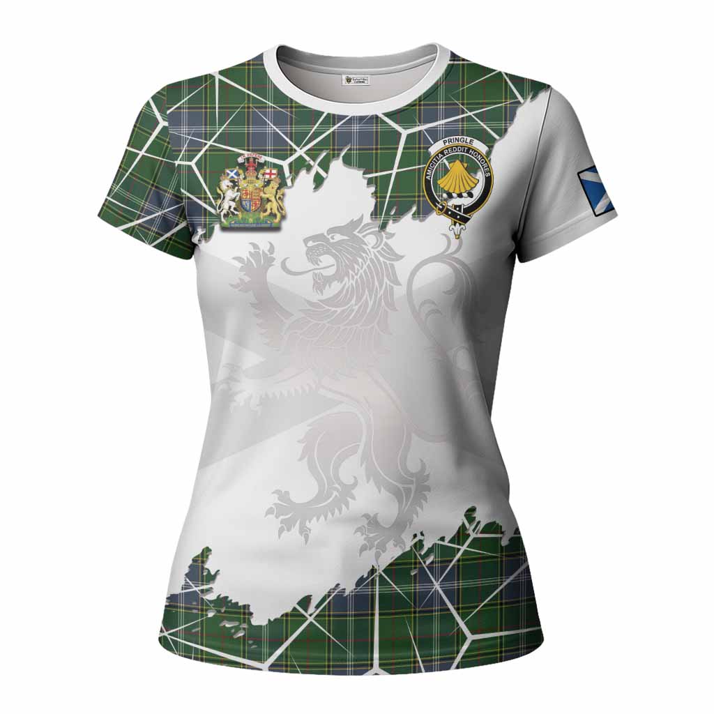 Pringle Tartan Women T shirt with Family Crest and Lion Rampant Grunge Style