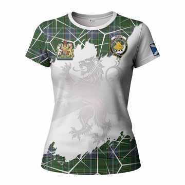 Pringle Tartan Women T shirt with Family Crest and Lion Rampant Grunge Style