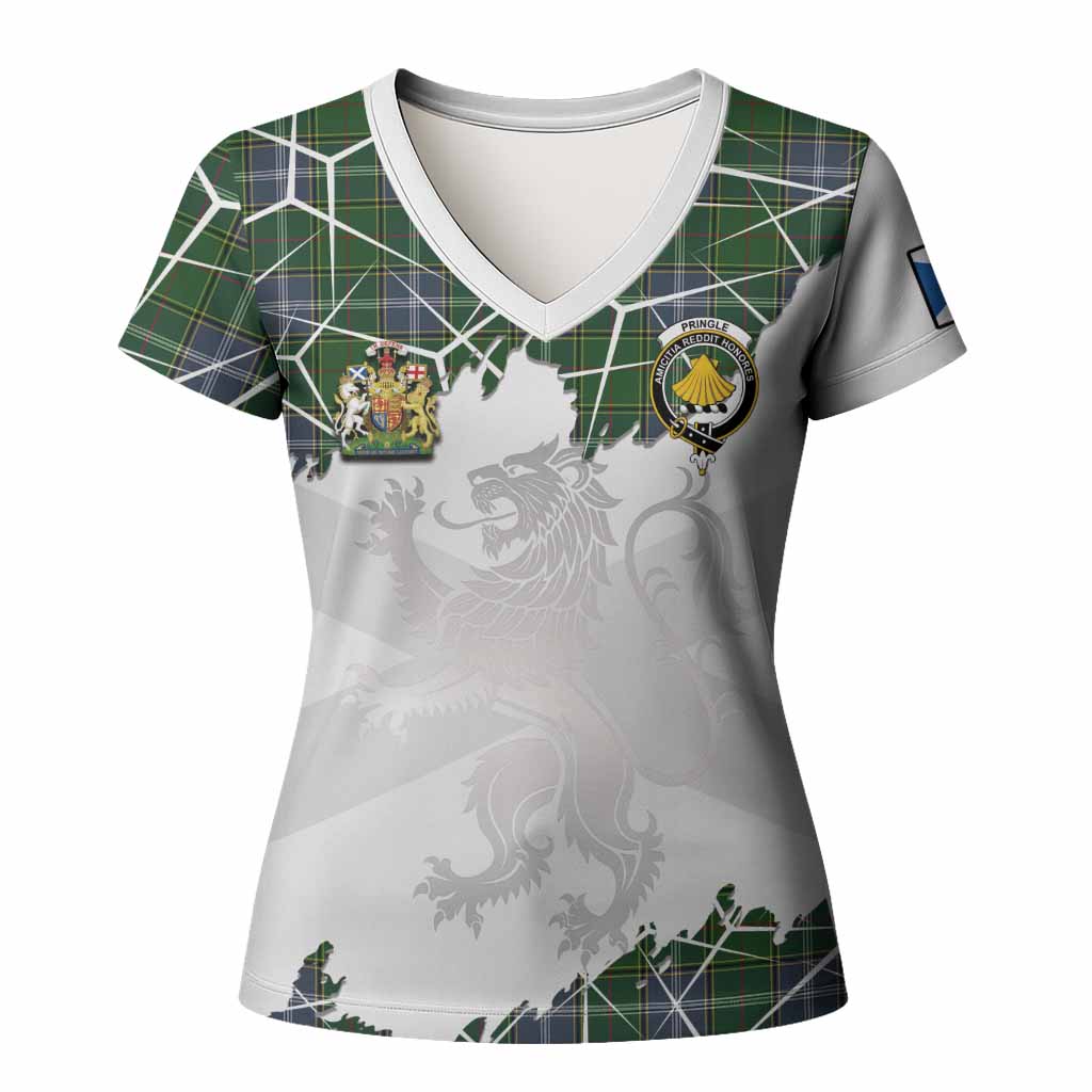 Pringle Tartan Women T shirt with Family Crest and Lion Rampant Grunge Style