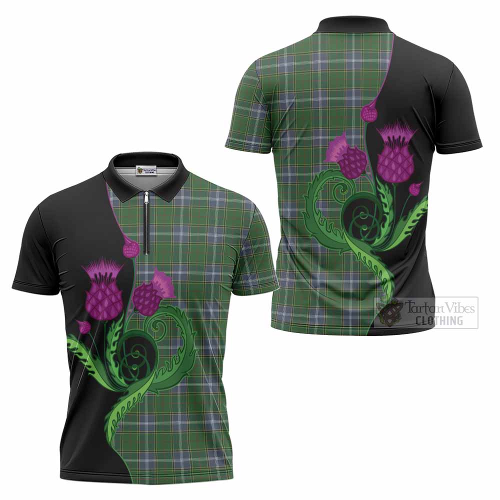 Pringle Tartan Zipper Polo Shirt Traditional Scottish Thistle