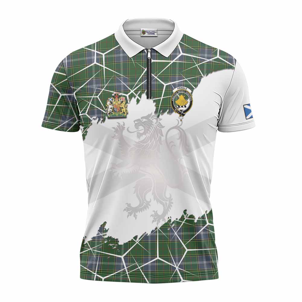 Pringle Tartan Zipper Polo Shirt with Family Crest and Lion Rampant Grunge Style
