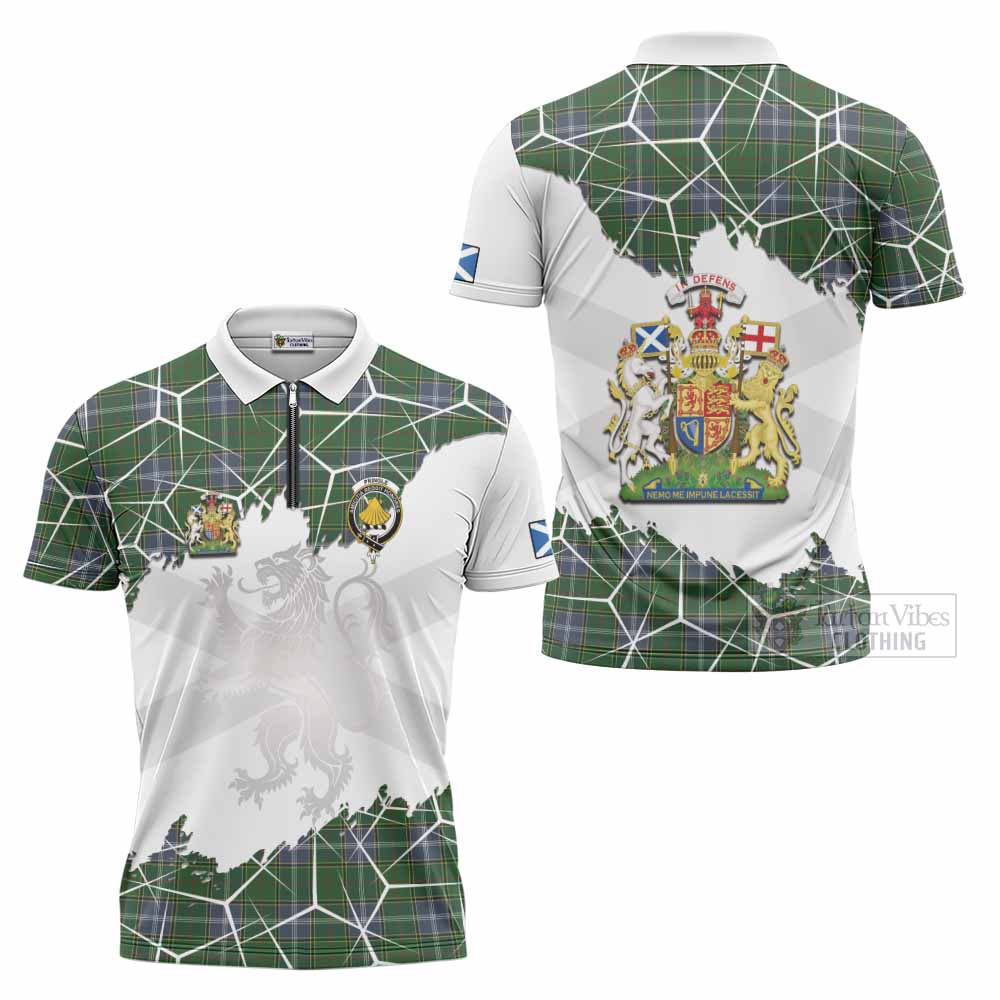 Pringle Tartan Zipper Polo Shirt with Family Crest and Lion Rampant Grunge Style