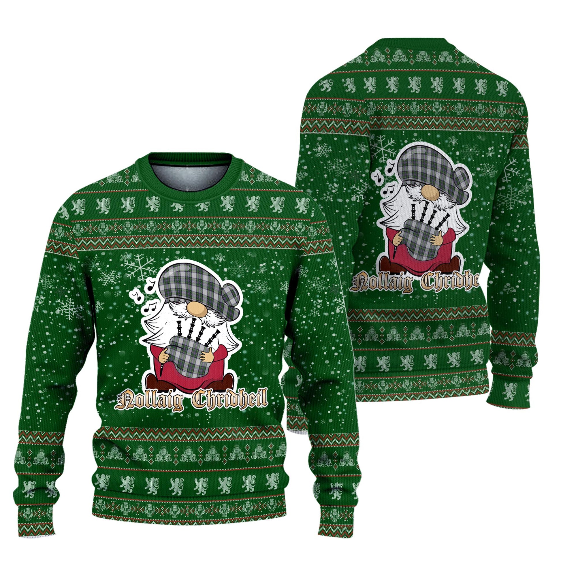 Pritchard Clan Christmas Family Knitted Sweater with Funny Gnome Playing Bagpipes Unisex Green - Tartanvibesclothing