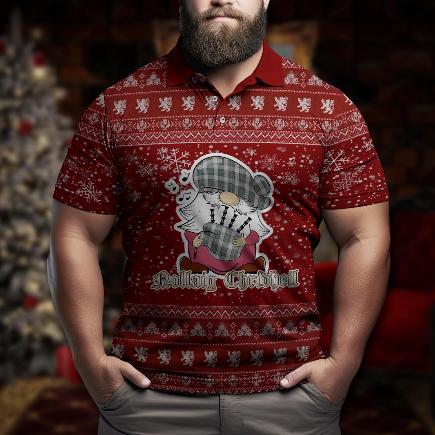 Pritchard Clan Christmas Family Polo Shirt with Funny Gnome Playing Bagpipes Men's Polo Shirt Red - Tartanvibesclothing