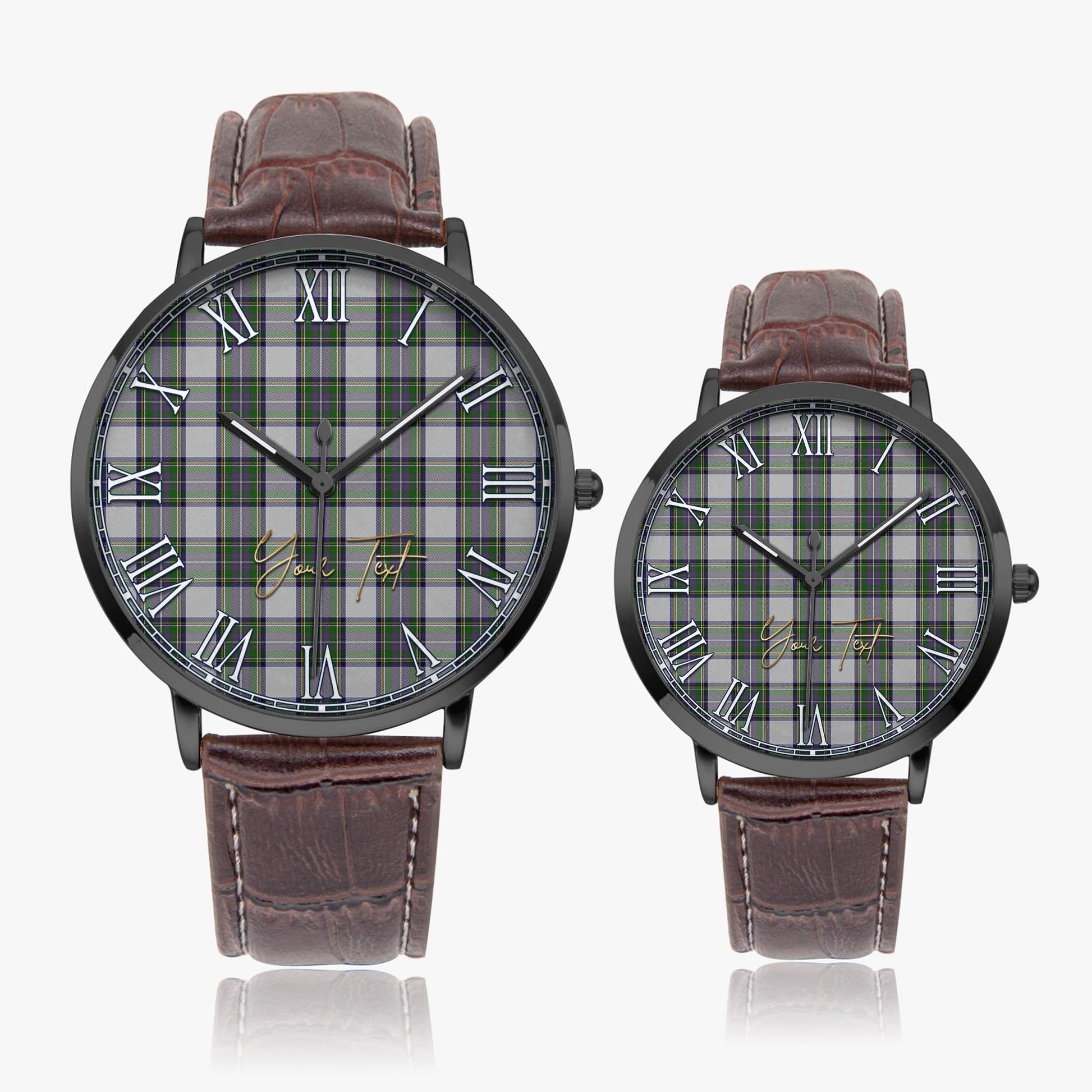 Pritchard Tartan Personalized Your Text Leather Trap Quartz Watch Ultra Thin Black Case With Brown Leather Strap - Tartanvibesclothing