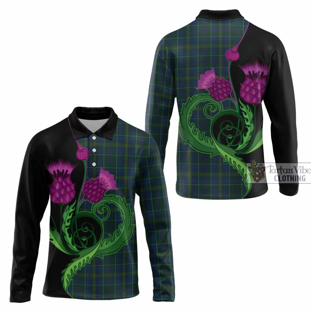 Protheroe of Wales Tartan Long Sleeve Polo Shirt Traditional Scottish Thistle