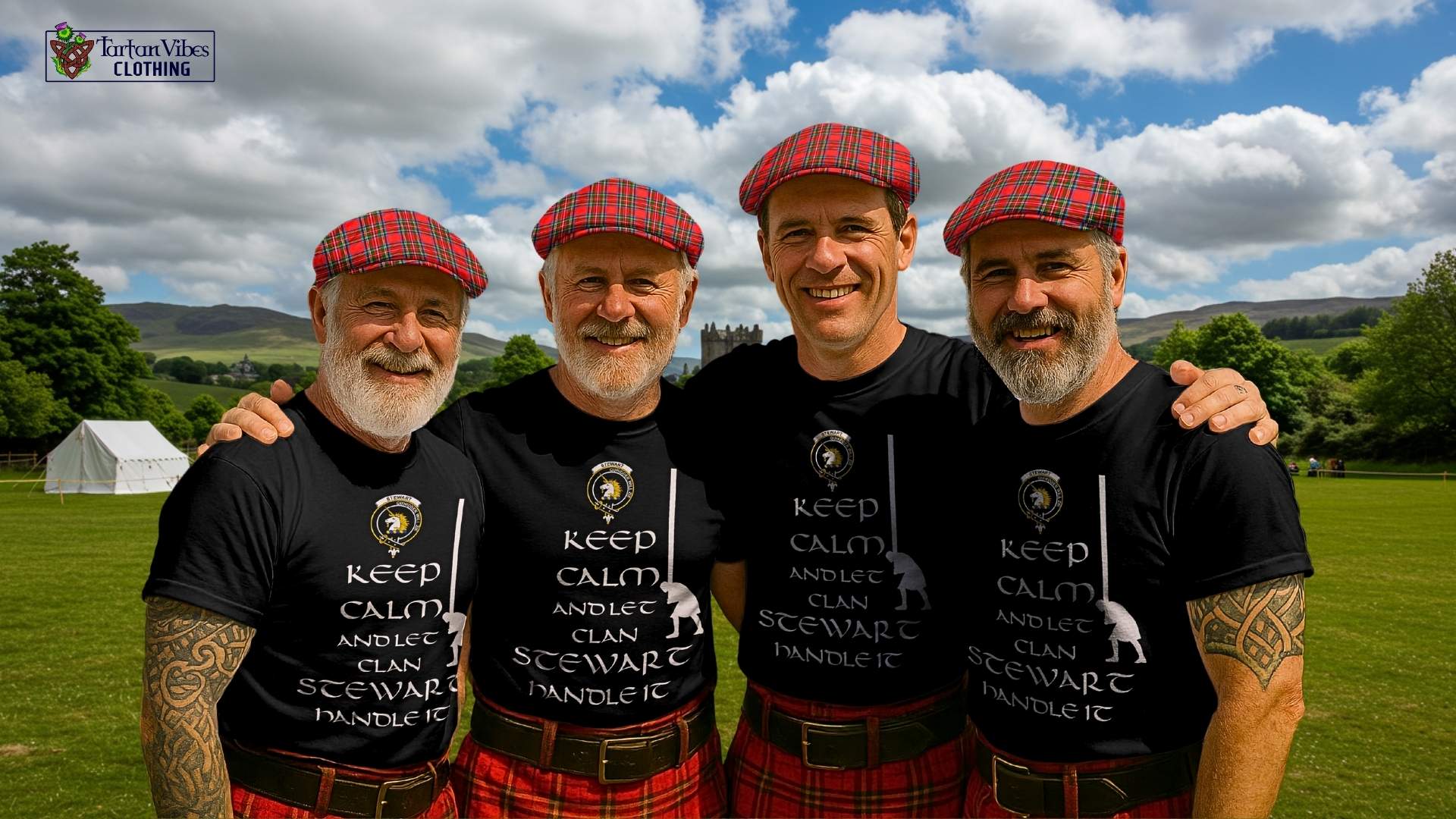 Proud members in Royal Stewart tartan showing off their clan pride in Highland Games fashion.