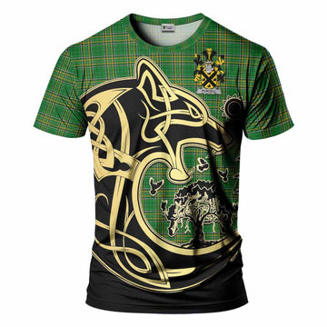 Tartan Vibes Clothing Purcell Irish Tartan T-Shirt with Coat of Arms Celtic Wolf Style