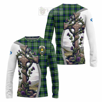 Purves Tartan Long Sleeve T-Shirt with Family Crest and St. Andrew's Cross Accented by Thistle Vines Unisex - Tartan Vibes Clothing