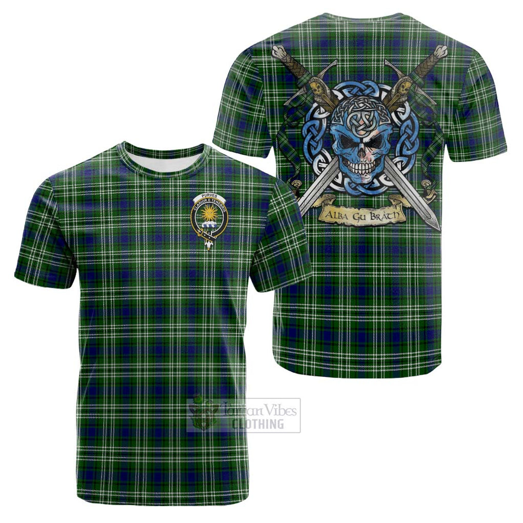 Tartan Vibes Clothing Purves Tartan Cotton T-shirt with Family Crest Celtic Skull Style