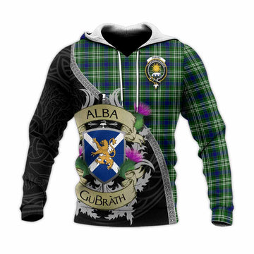 Purves Tartan Family Crest Knitted Hoodie Lion Rampant Royal Thistle Shield Celtic Inspired Unisex Knitted Pullover Hoodie - Tartan Vibes Clothing