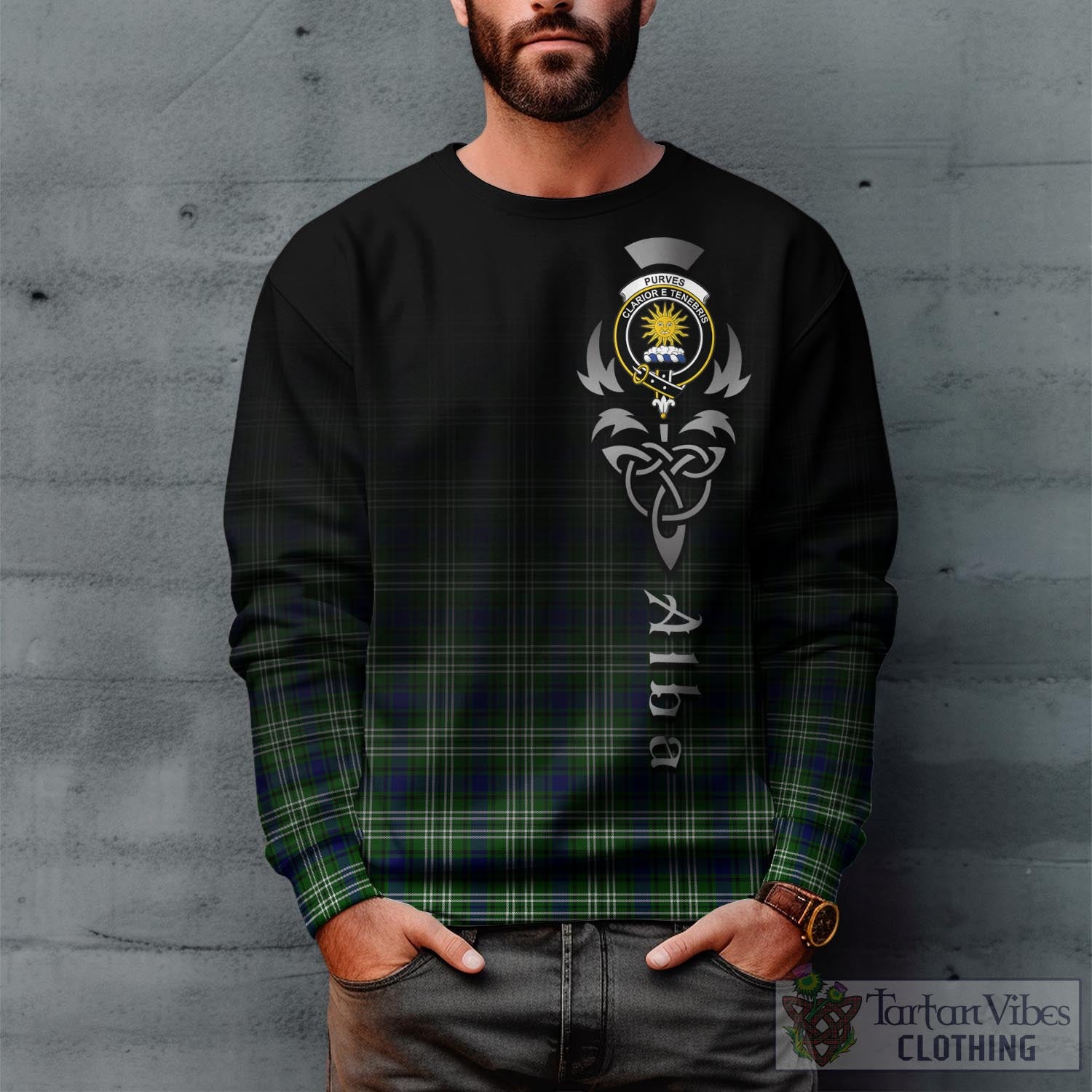 Purves Tartan Sweatshirt Featuring Alba Gu Brath Family Crest Celtic Inspired Unisex - Tartan Vibes Clothing