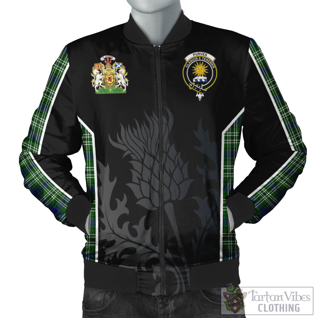 Purves Tartan Bomber Jacket with Family Crest and Scottish Thistle Vibes Sport Style Unisex Black - Tartan Vibes Clothing