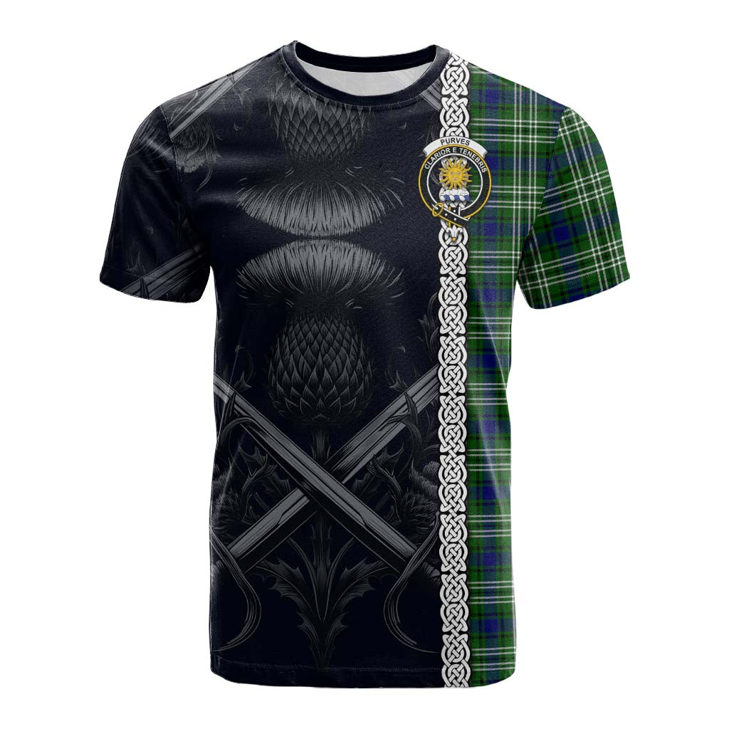 Tartan Vibes Clothing Purves Tartan Cotton T-shirt with Family Crest Cross Sword Thistle Celtic Vibes