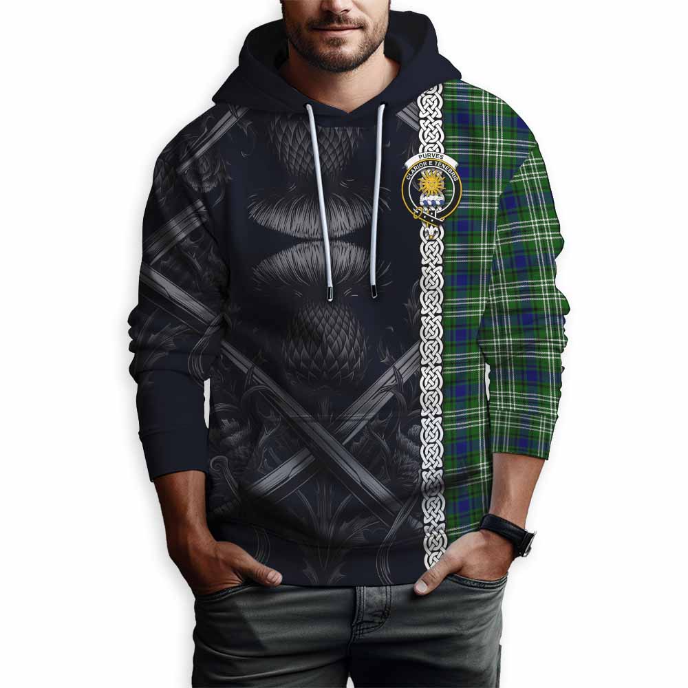 Purves Tartan Hoodie with Family Crest Cross Sword Thistle Celtic Vibes Pullover Hoodie - Tartan Vibes Clothing