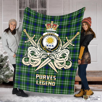 Purves Tartan Blanket with Clan Crest and the Golden Sword of Courageous Legacy X-Large 59 x 79 inches 150 x 200 cm - Tartan Vibes Clothing