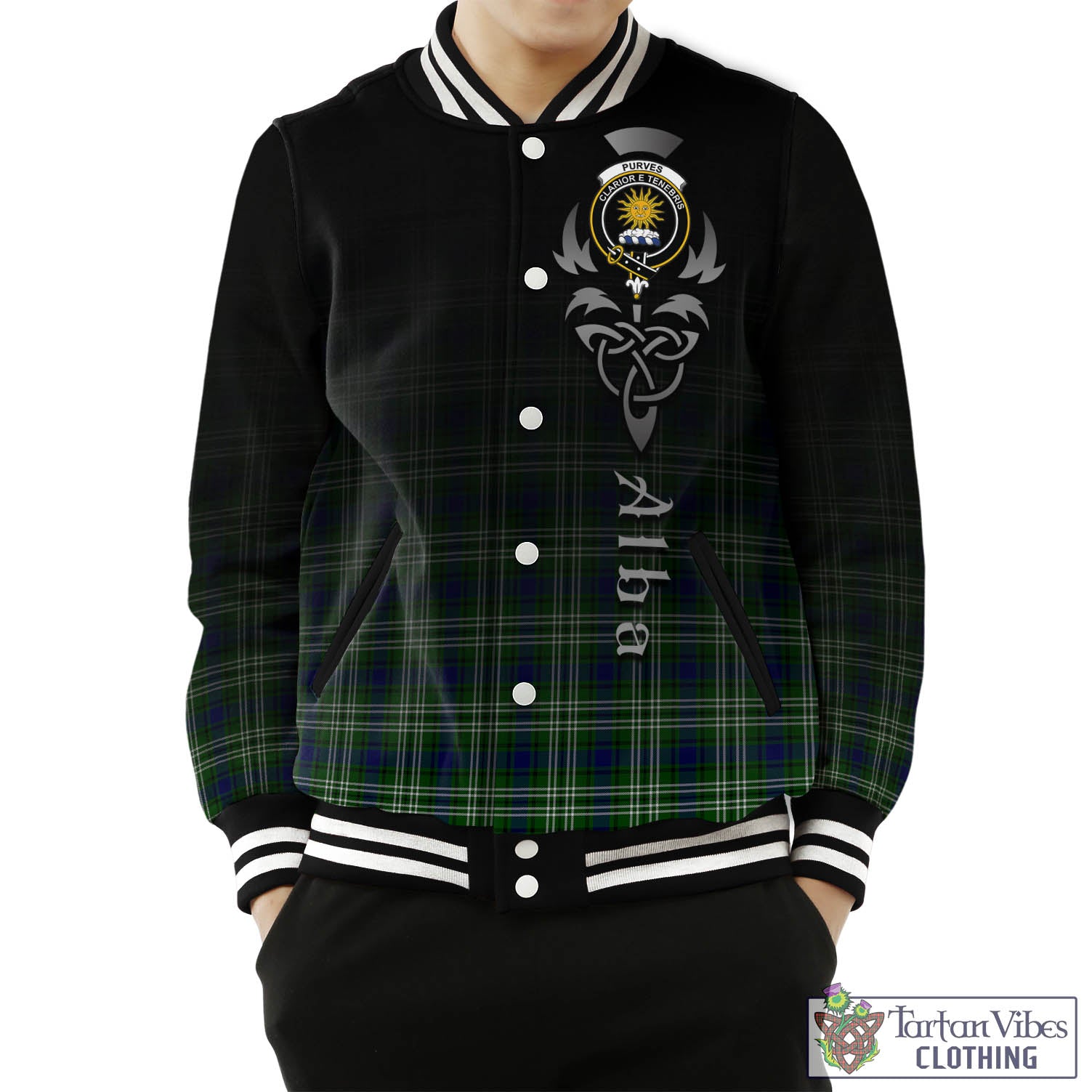 Purves Tartan Baseball Jacket Featuring Alba Gu Brath Family Crest Celtic Inspired Unisex - Tartan Vibes Clothing