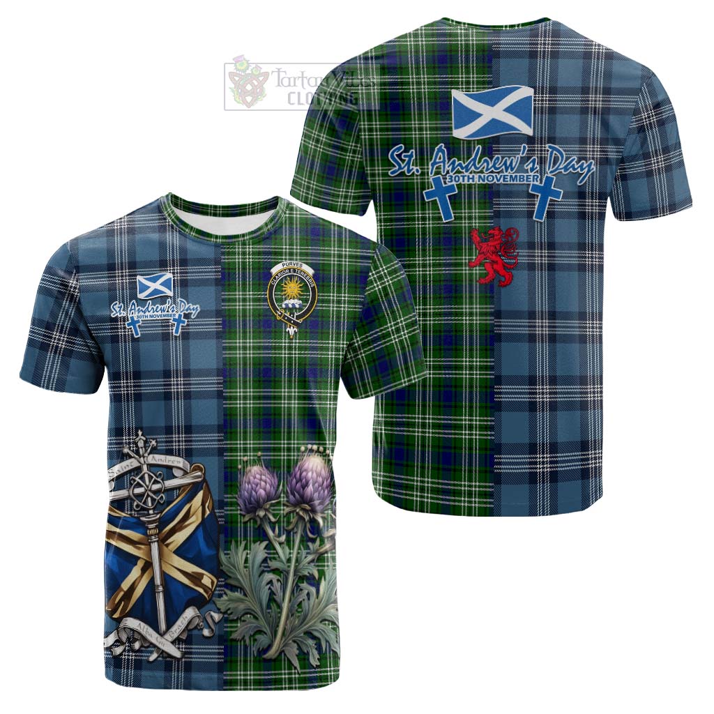 Tartan Vibes Clothing Purves Tartan Cotton T-shirt Happy St. Andrew's Day Half Tartan Style