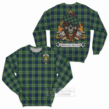 Purves Tartan Sweatshirt with Family Crest and Bearded Skull Holding Bottles of Whiskey Unisex - Tartan Vibes Clothing