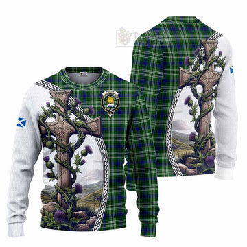 Purves Tartan Knitted Sweater with Family Crest and St. Andrew's Cross Accented by Thistle Vines Unisex - Tartan Vibes Clothing