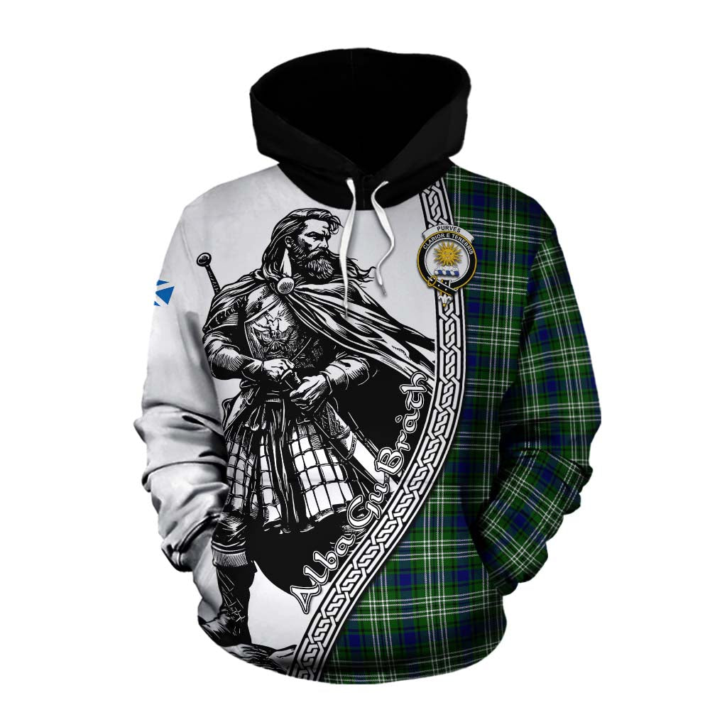 Purves Tartan Clan Crest Cotton Hoodie with Highlander Warrior Celtic Style Pullover Hoodie XS - Tartan Vibes Clothing